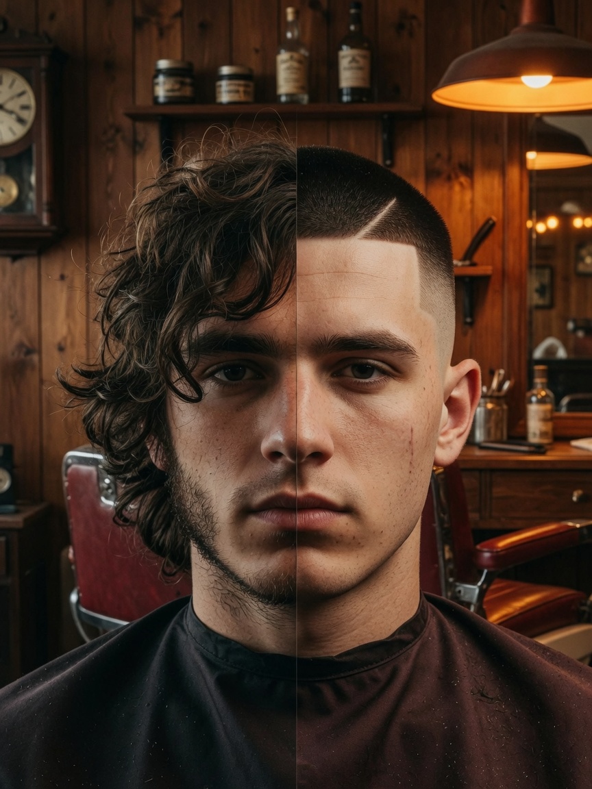 A man in a barber's chair, split down the centre of his face: long overgrown hair on one side, a sharp fresh fade on the other